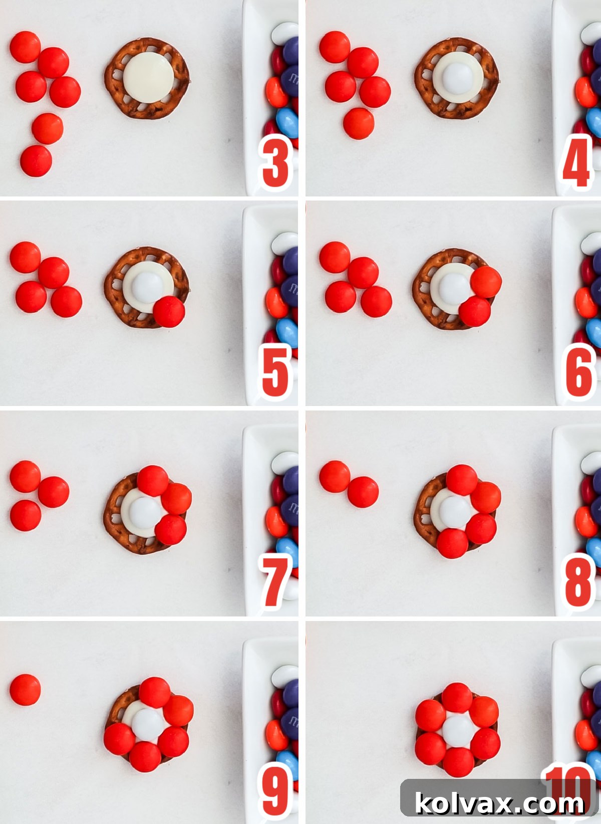 Collage image showing all the steps for making a flower out of M&M's.