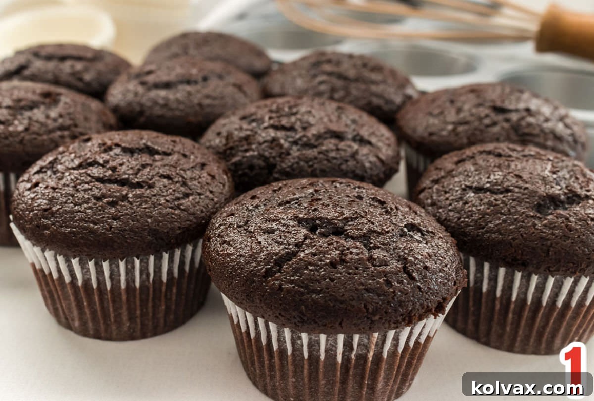 Close up of 10 chocolate cupcakes sitting on a white table in front of a cupcake pan and a whisk, ready for frosting.