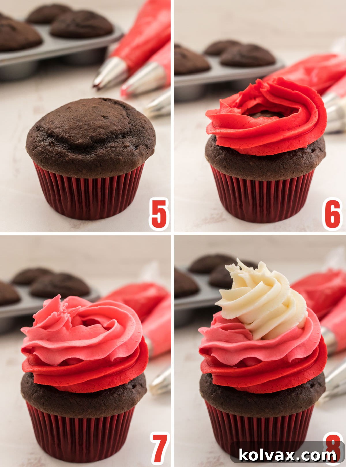 Collage image showing the step-by-step process of creating a beautiful three-color frosting swirl on a Valentine's Day cupcake using red, dark pink, and white buttercream frosting.