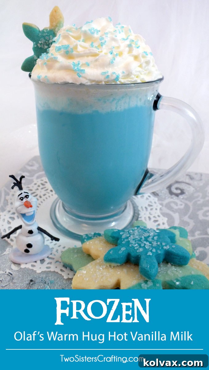 A tall, inviting glass of Olaf's Warm Hug Hot Vanilla Milk, generously topped with whipped cream and sparkling blue sugar, capturing the essence of a warm embrace.