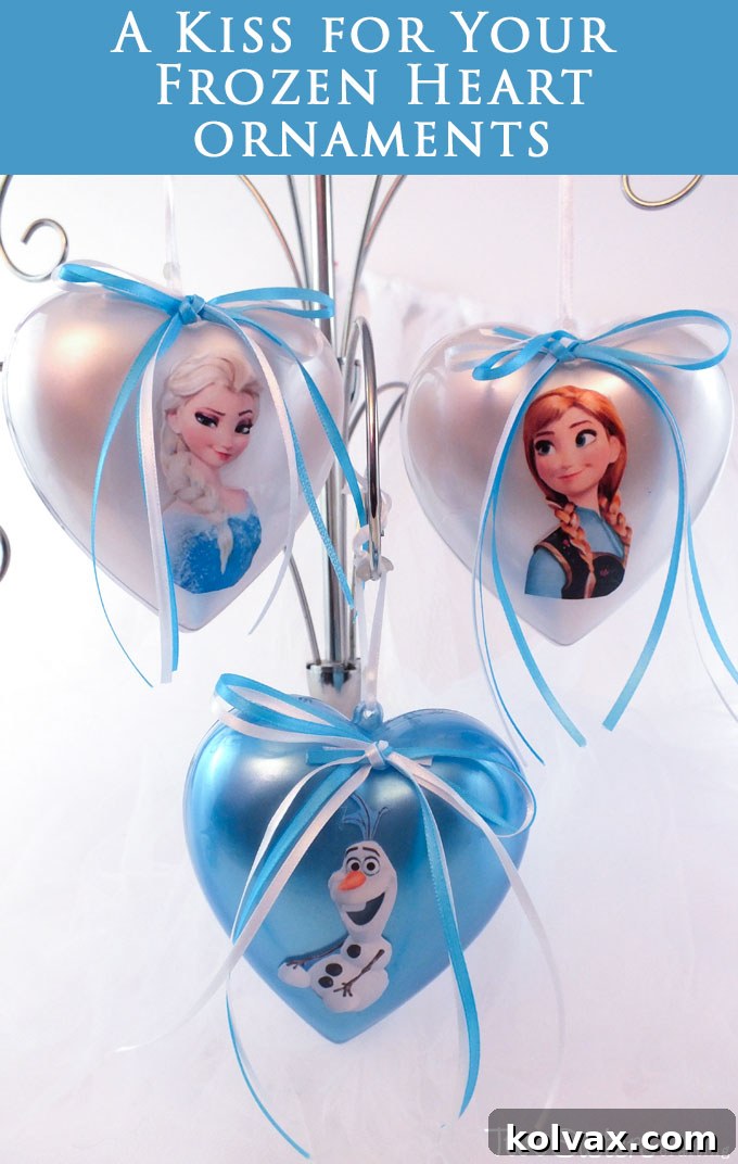 Warmth for the Winter Heart 19 Frozen themed hearts as Christmas ornaments on a tree