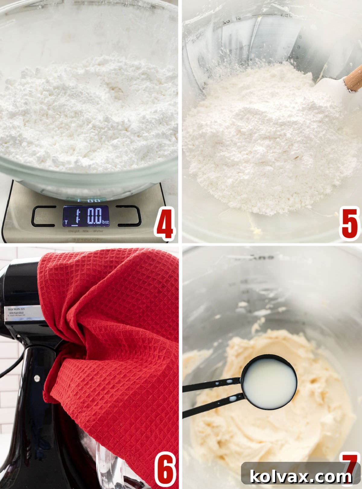 A three-image collage visually explaining the careful process of adding powdered sugar to the creamed butter and vanilla mixture in a mixer, from pouring to initial low-speed mixing, crucial for achieving smooth and fluffy buttercream frosting.