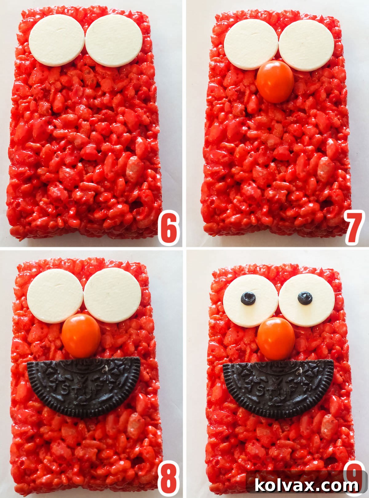 A detailed collage showcasing the step-by-step assembly of Elmo's face on a red Rice Krispie Treat, including precise placement of white candy melts for eyes, an orange M&M for the nose, and an Oreo wafer for the mouth.
