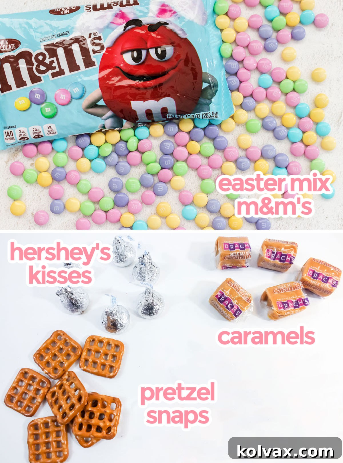 All the ingredients laid out for making Spring Caramel Pretzel Bites, including pastel Easter M&M's, classic Hershey's Kisses, soft caramel candies, and sturdy Pretzel Snaps.