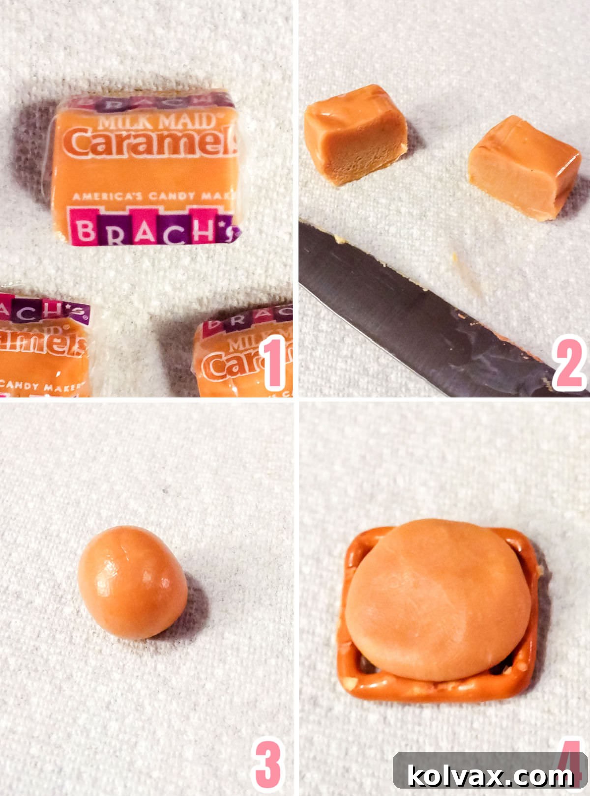 A visual guide showing how to prepare caramel candies for Spring Caramel Pretzel Bites, from unwrapping to slicing and rolling into balls.