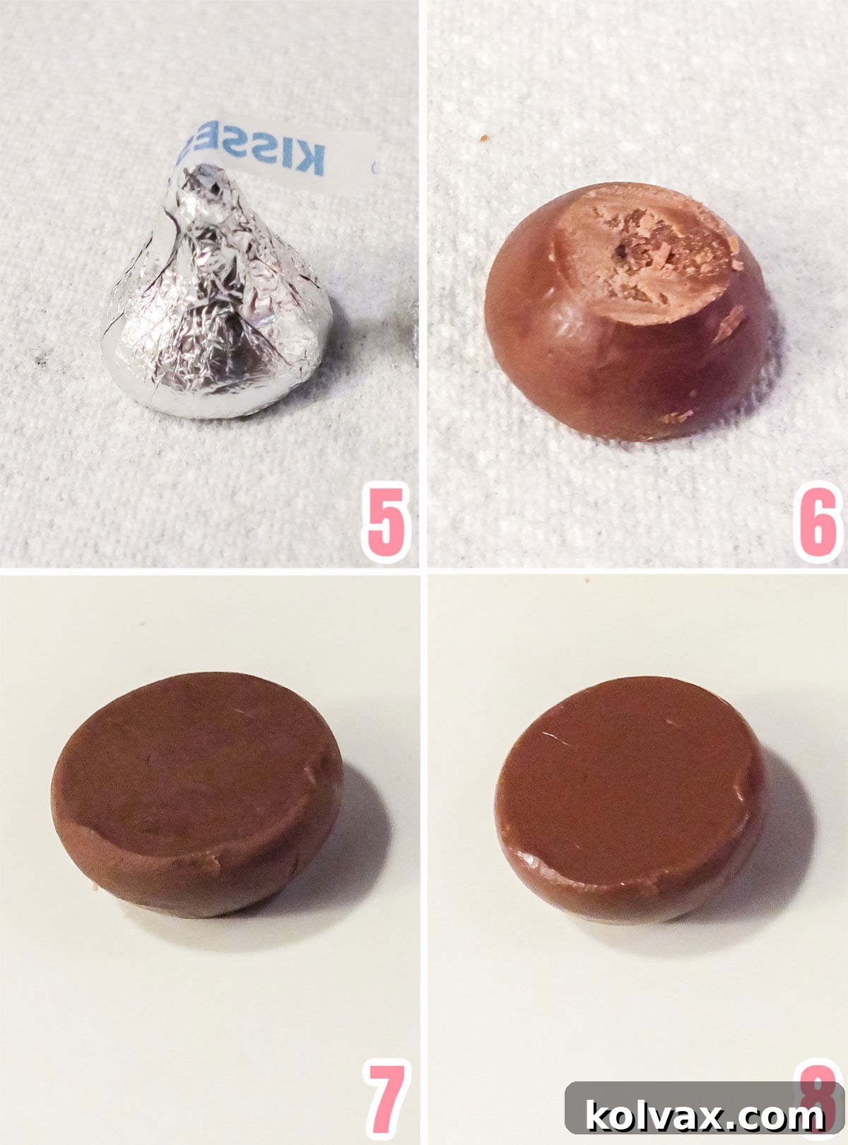Instructions on how to prepare Hershey's Kisses for Spring Caramel Pretzel Bites, including slicing the top and melting.