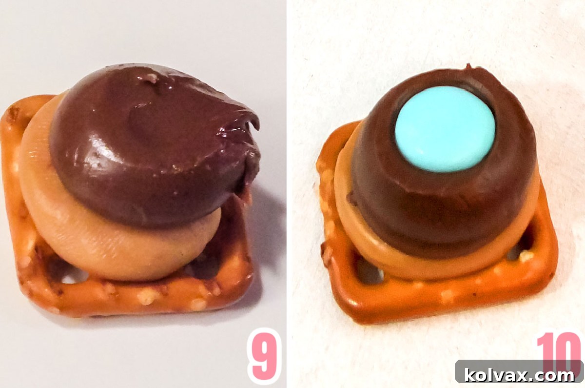 A collage image illustrating the final assembly steps for building the Spring Caramel Pretzel Bites, from adding M&M's to transferring the chocolate disc.
