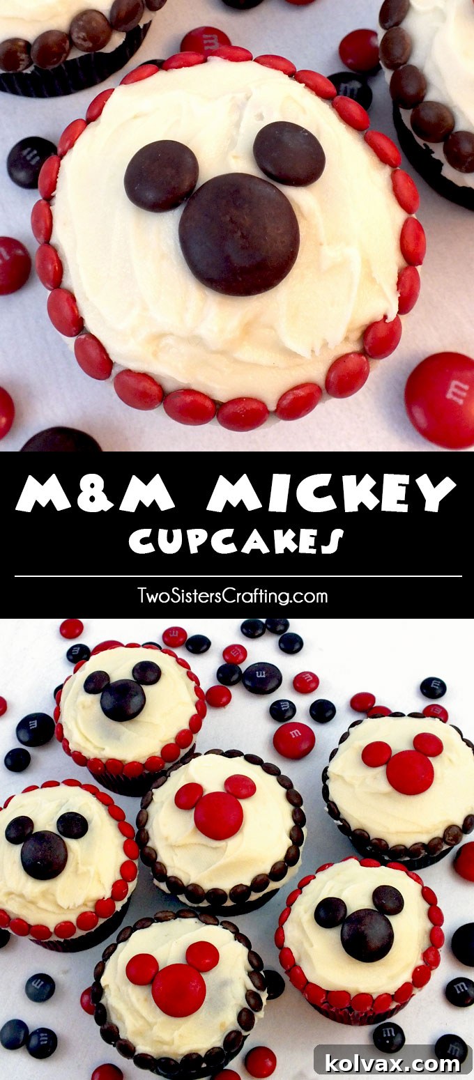 M&M Mickey Cupcakes - so adorable and so easy to make! A great dessert for a Mickey Mouse Party, a fun baking activity to do with your kids or a nice treat for that Disney Fan in your life. Follow us for more fun Mickey Mouse Party Ideas.