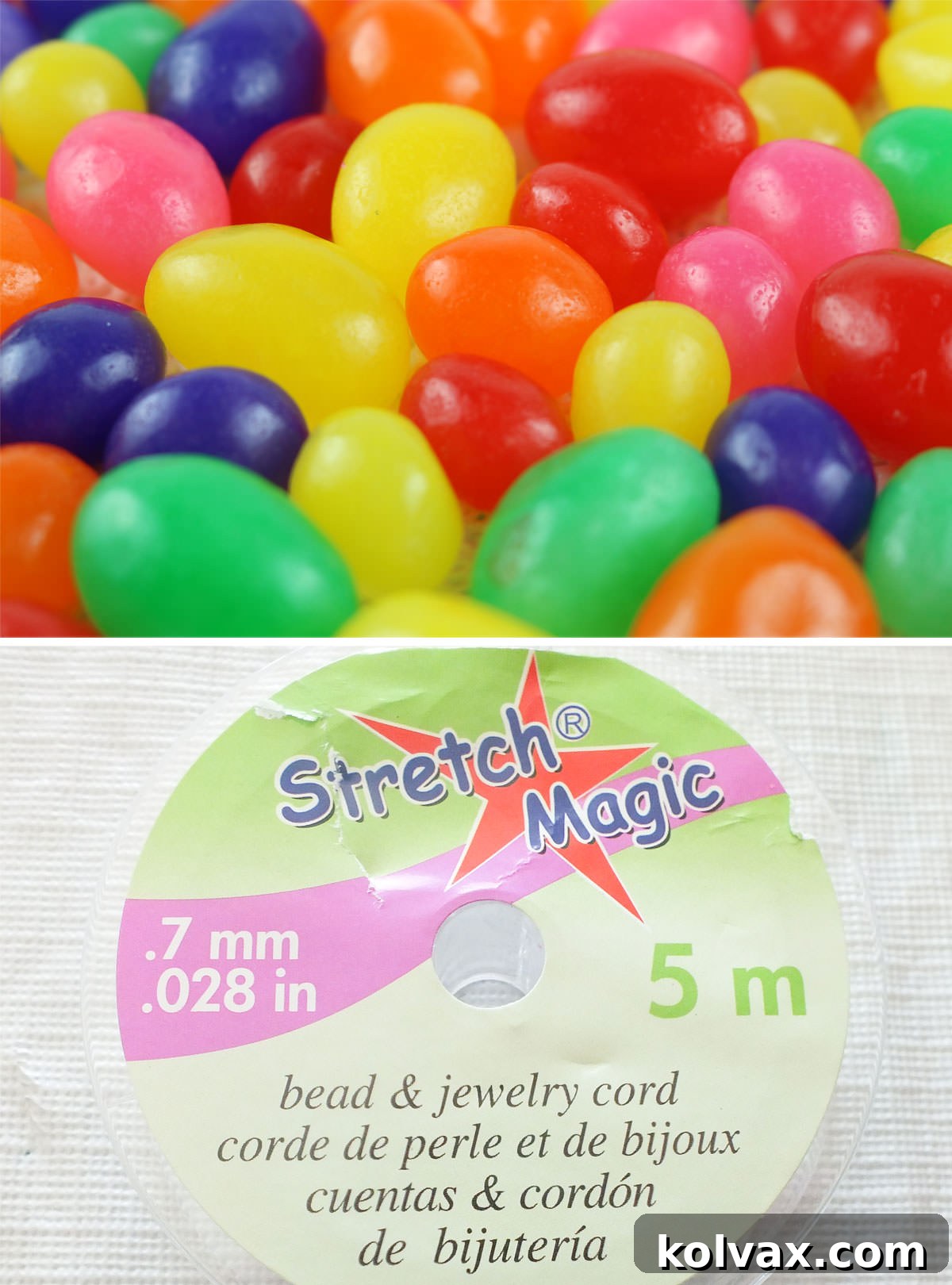 Essential supplies for making DIY Jelly Bean Necklaces, including various colors of jelly beans and a roll of clear stretch magic jewelry cord, laid out on a clean crafting surface.