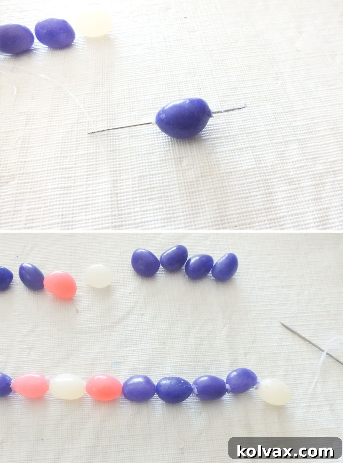 A four-panel collage showing the step-by-step process of stringing jelly beans onto a jewelry cord with a needle to create a DIY necklace, demonstrating the simple technique clearly.
