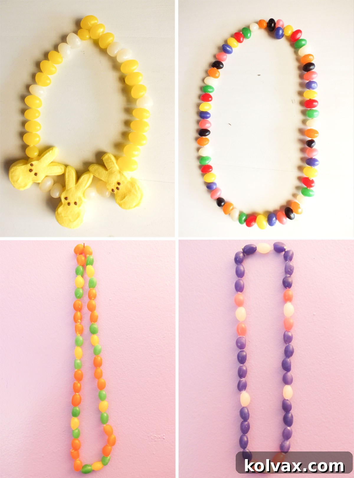 A collage displaying four distinct color pattern ideas for DIY Jelly Bean Necklaces, including rainbow, alternating colors, and themed combinations, inspiring creative and festive designs.