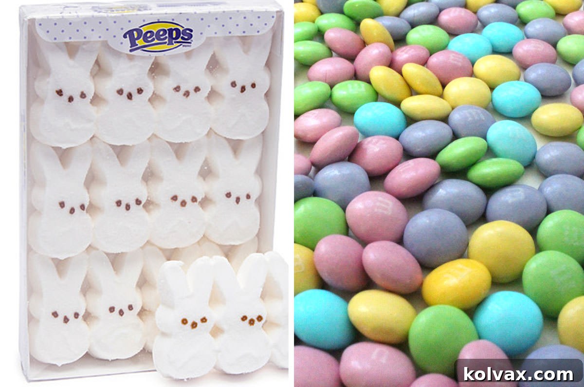 Sweet Peeps Easter Display 3 The candy you will need to create the Easter Peeps Candy Centerpiece including Peeps Bunnies and Easter Mix M&M's, laid out on a white surface.