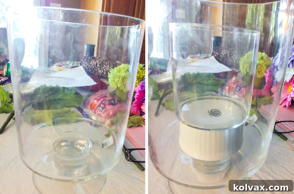 Sweet Peeps Easter Display 4 Collage image showing how to setup the vase of the Easter Peeps Candy Centerpiece, including placing a ramekin and a smaller vase inside a large hurricane vase.