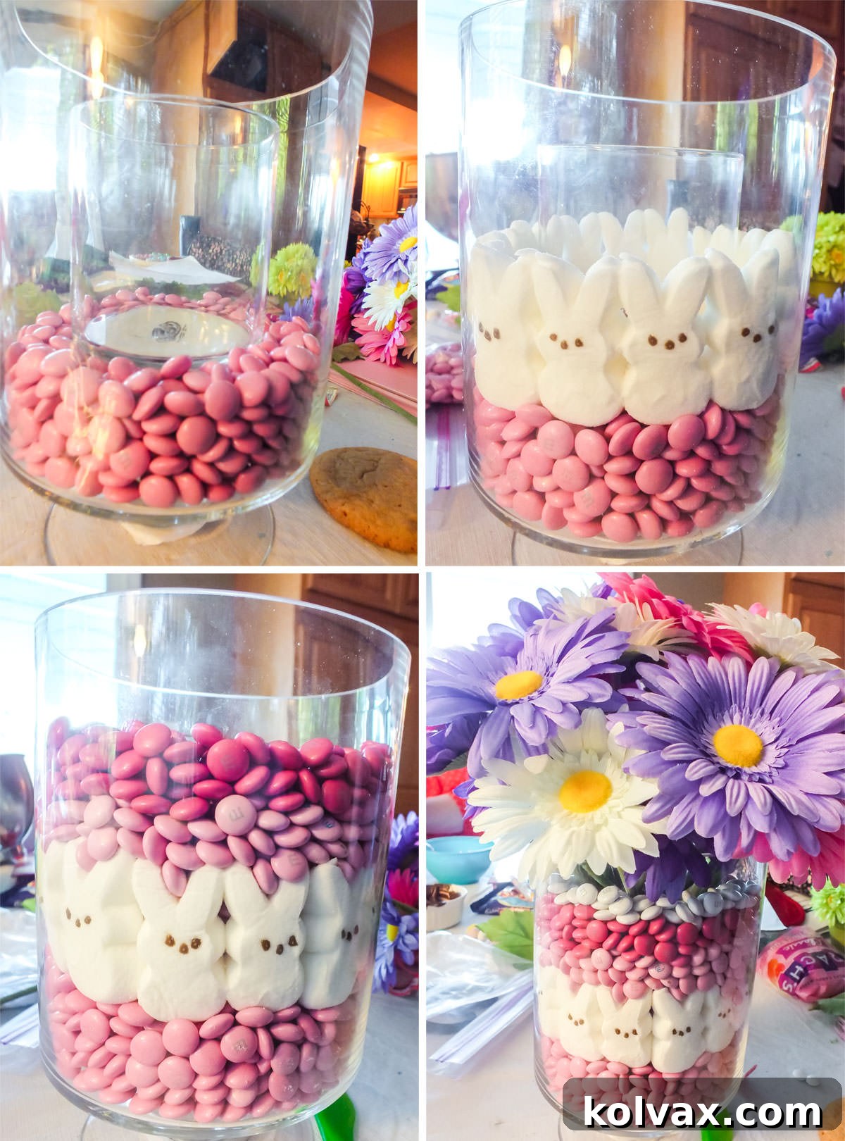 Sweet Peeps Easter Display 5 Collage image showing how to assemble the Easter Peeps Candy Centerpiece, with steps including adding M&M's and Peeps into the vase.