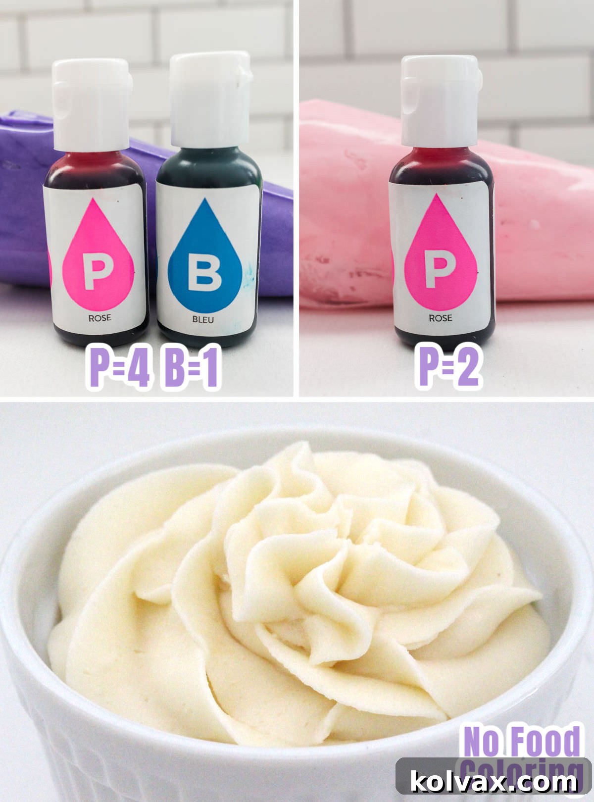 A detailed collage showcasing the precise food coloring formulas required to tint buttercream frosting into perfect pastel shades of Purple, Pink, and White, displayed in separate bowls.