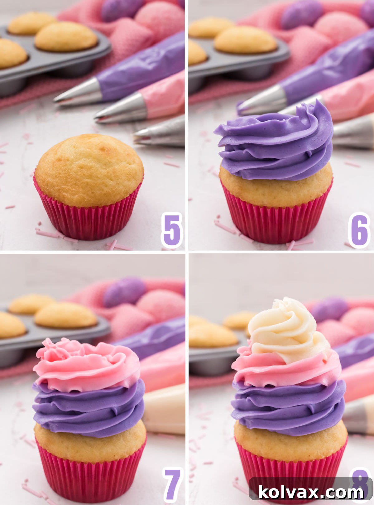 A step-by-step collage demonstrating the technique for piping a beautiful buttercream frosting swirl onto Easter Cupcakes, featuring distinct layers of purple, pink, and white frosting to achieve a stunning pastel effect.