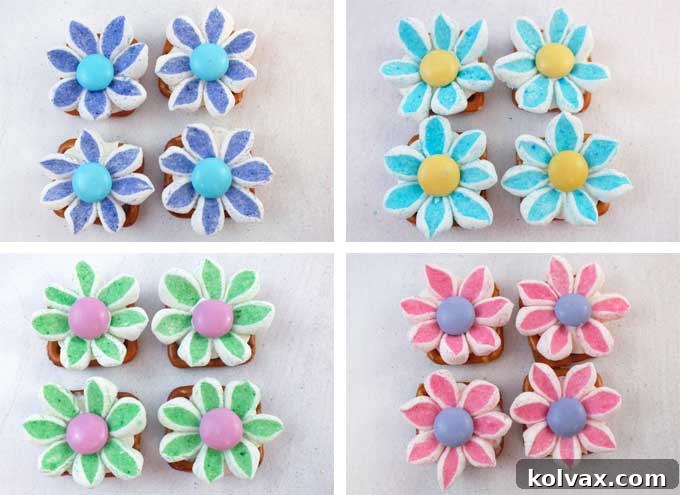 Different colors of Marshmallow Flower Pretzel Bites