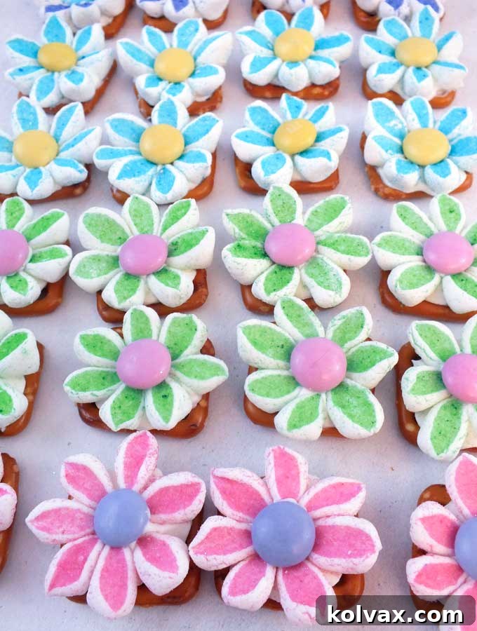 Different colors of Marshmallow Flower Pretzel Bites