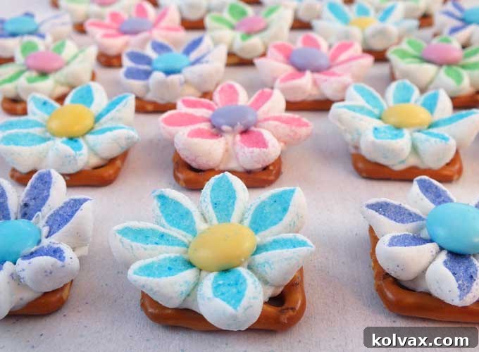Different colors of Marshmallow Flower Pretzel Bites