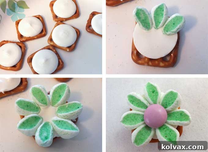 Assembling Marshmallow Flower Pretzel Bites