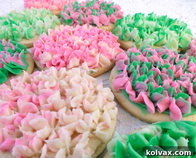 Whimsical Hydrangea Sugar Cookies 2 Close-up of vibrant pink and ivory Hydrangea Frosted Sugar Cookies with detailed petals