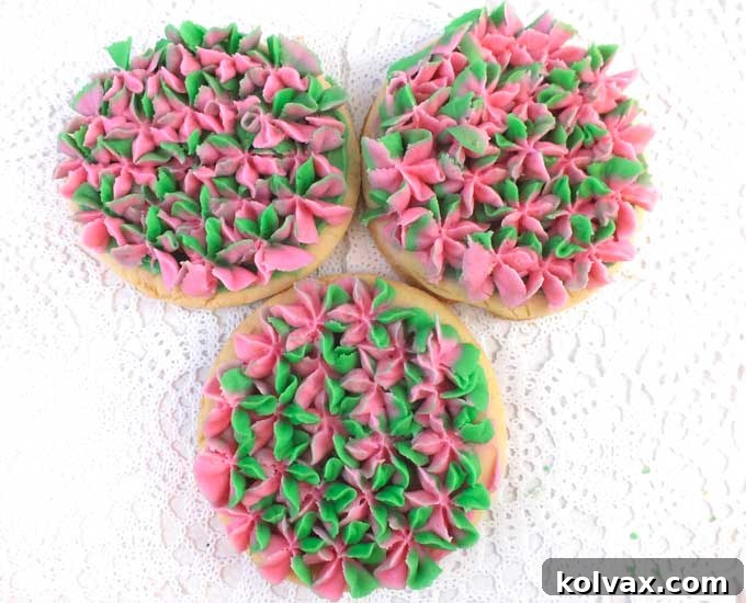 Whimsical Hydrangea Sugar Cookies 12 Vibrant pink and green Hydrangea Frosted Sugar Cookies, showcasing a striking color blend