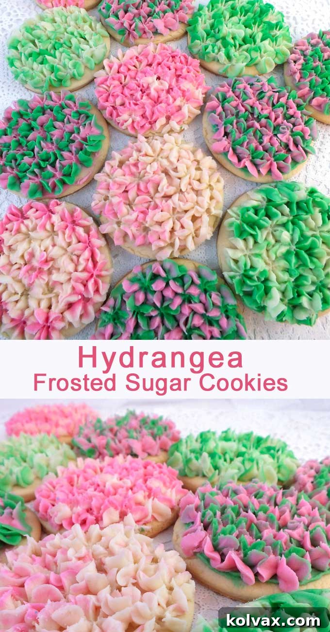 Whimsical Hydrangea Sugar Cookies 3 A collection of beautifully decorated Hydrangea Frosted Sugar Cookies displayed artfully