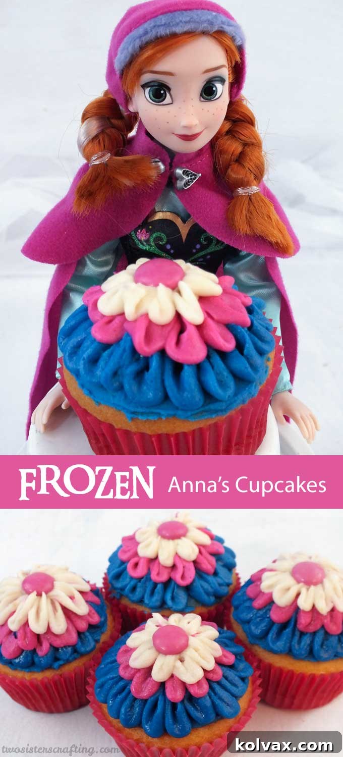 These Frozen Anna Cupcakes are adorable and delicious. It's so fun to create Frozen party food with these pretty blue and pink Anna colors! These yummy cupcakes will really stand out on a Frozen Party Dessert Table and we have all the directions you'll need to create them. Follow us for more great Frozen Party Ideas.
