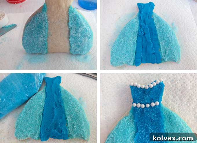 Finishing Touches on Elsa's Frozen Frosted Sugar Cookies with Glitter and Pearls