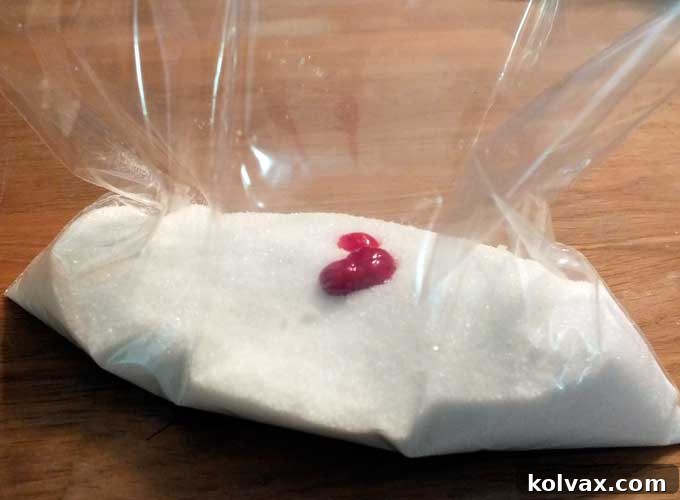 Adding Concentrated Gel Food Coloring to Sugar in a Plastic Bag