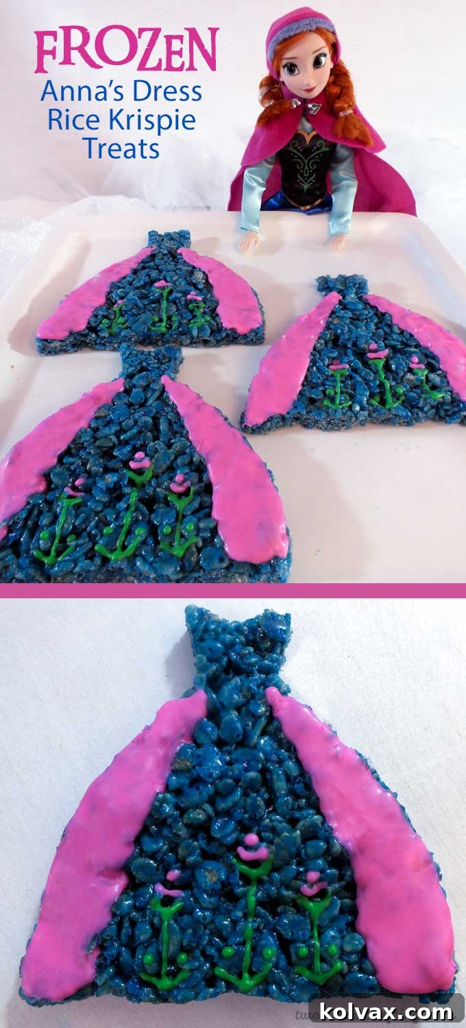 Anna's Dress Rice Krispie Treats are decorated to look like Princess Anna's iconic blue and pink dress and are great for a Frozen Birthday Party. They will be a hit at your Frozen Party and we have the step by step directions you'll need to make them for your own Frozen Party. Follow us for more fun Frozen Party Ideas. 