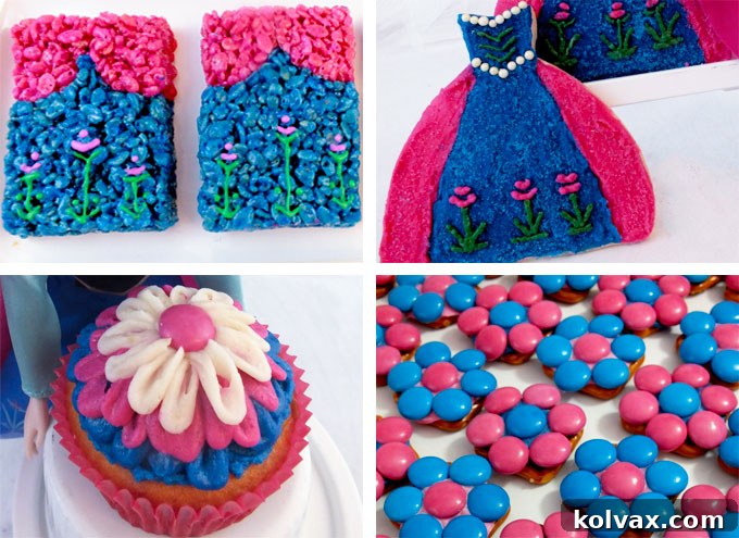 Anna's Enchanted Frozen Desserts 2 A vibrant Princess Anna-themed Frozen birthday party dessert table featuring bright blue and pink treats. Discover amazing Anna Party Desserts that are delicious and visually stunning for your Frozen celebration.