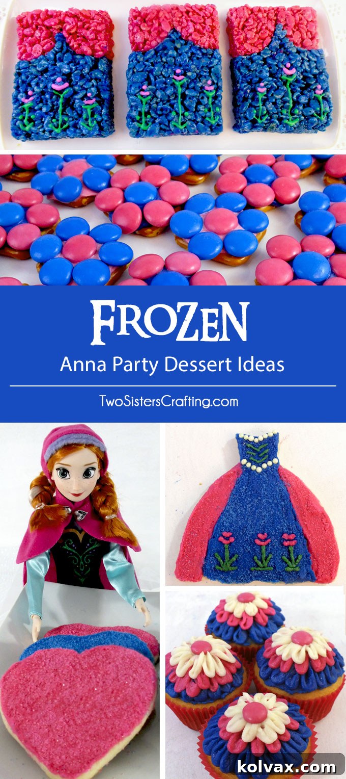 A beautiful Princess Anna-themed Frozen birthday party dessert table showcasing an array of vibrant blue and pink treats. Find inspiration for your Anna Party Desserts that are both delicious and visually stunning for a memorable Frozen celebration.