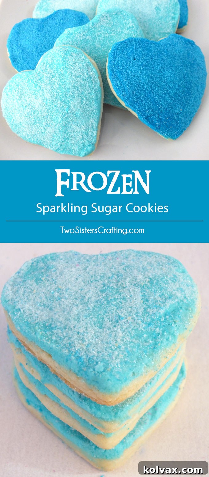 Frozen Sparkling Sugar Cookies: Soft, delicious, and topped with luscious buttercream and homemade sparkling sugar in Elsa and Anna colors. Perfect for a Frozen Birthday Party or as a special treat.