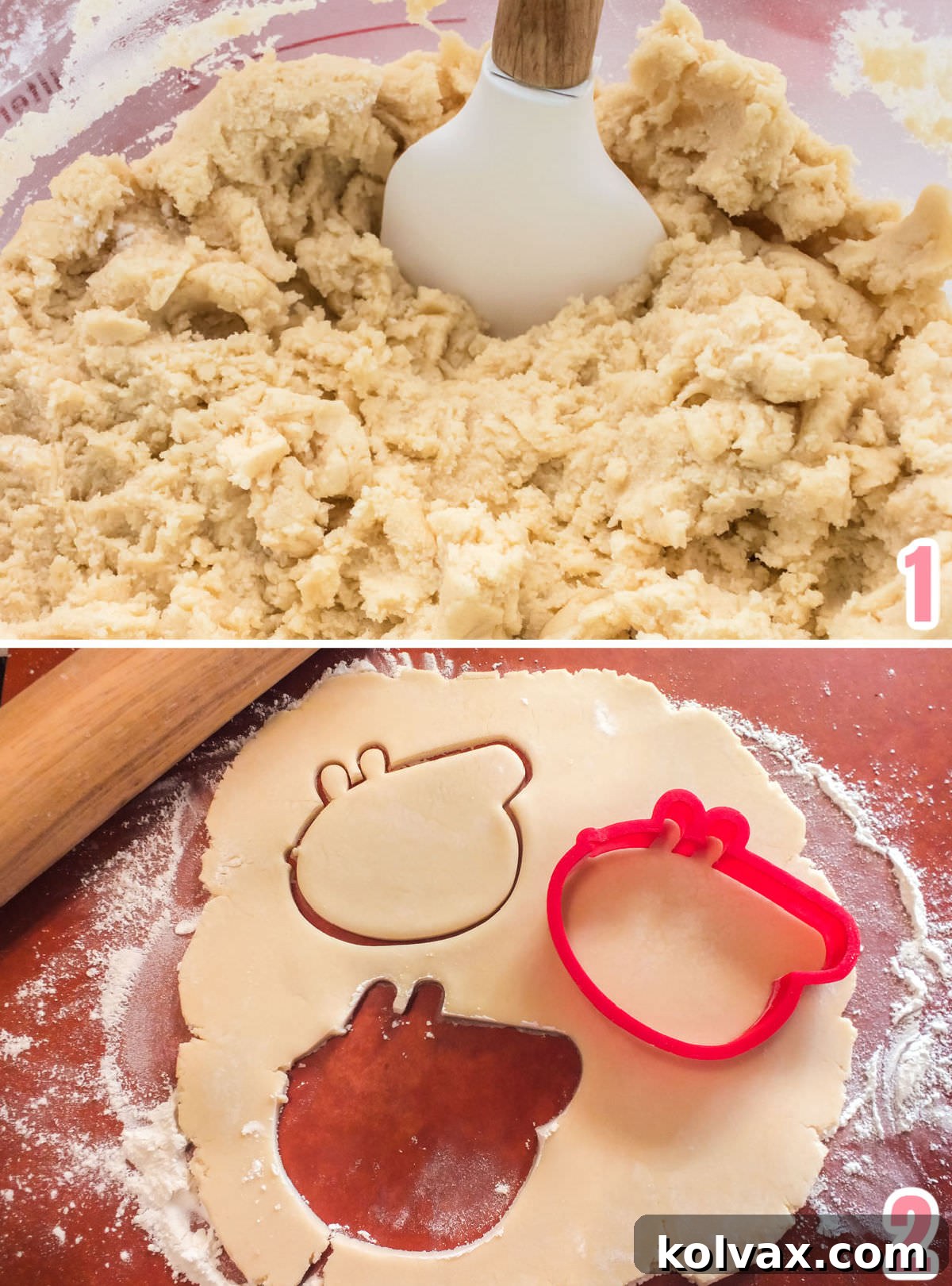 Step-by-step collage showing sugar cookie dough being prepared, rolled out evenly, and then meticulously cut into Peppa Pig shapes using a cookie cutter.