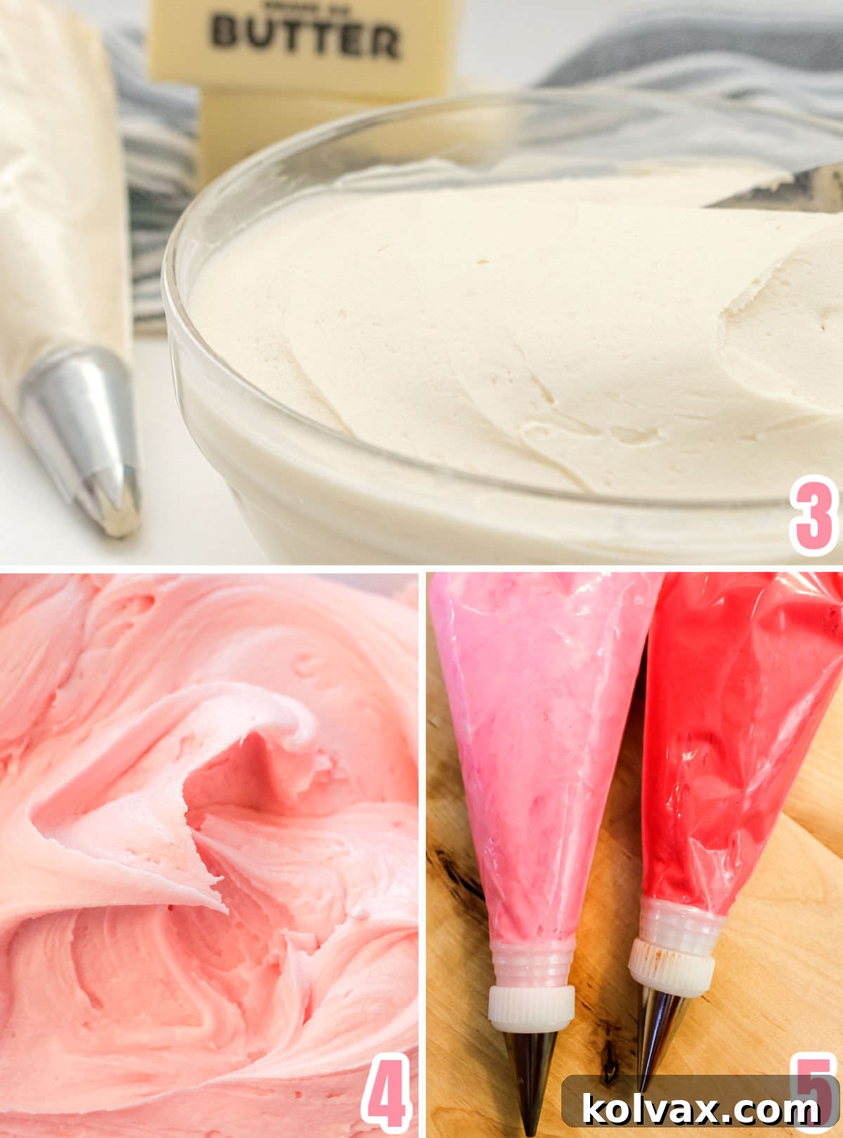 Collage image demonstrating bowls of smooth buttercream frosting in white, light pink, medium pink, and vibrant red hues, perfectly prepared for decorating Peppa Pig cookies.