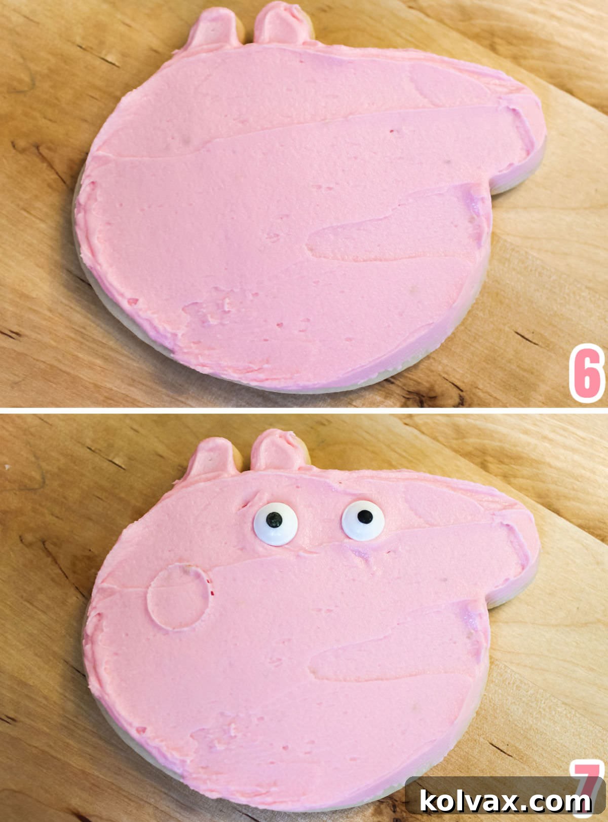 Collage showing the initial steps of decorating Peppa Pig cookies, including applying a smooth layer of light pink frosting and carefully placing the candy eyes.