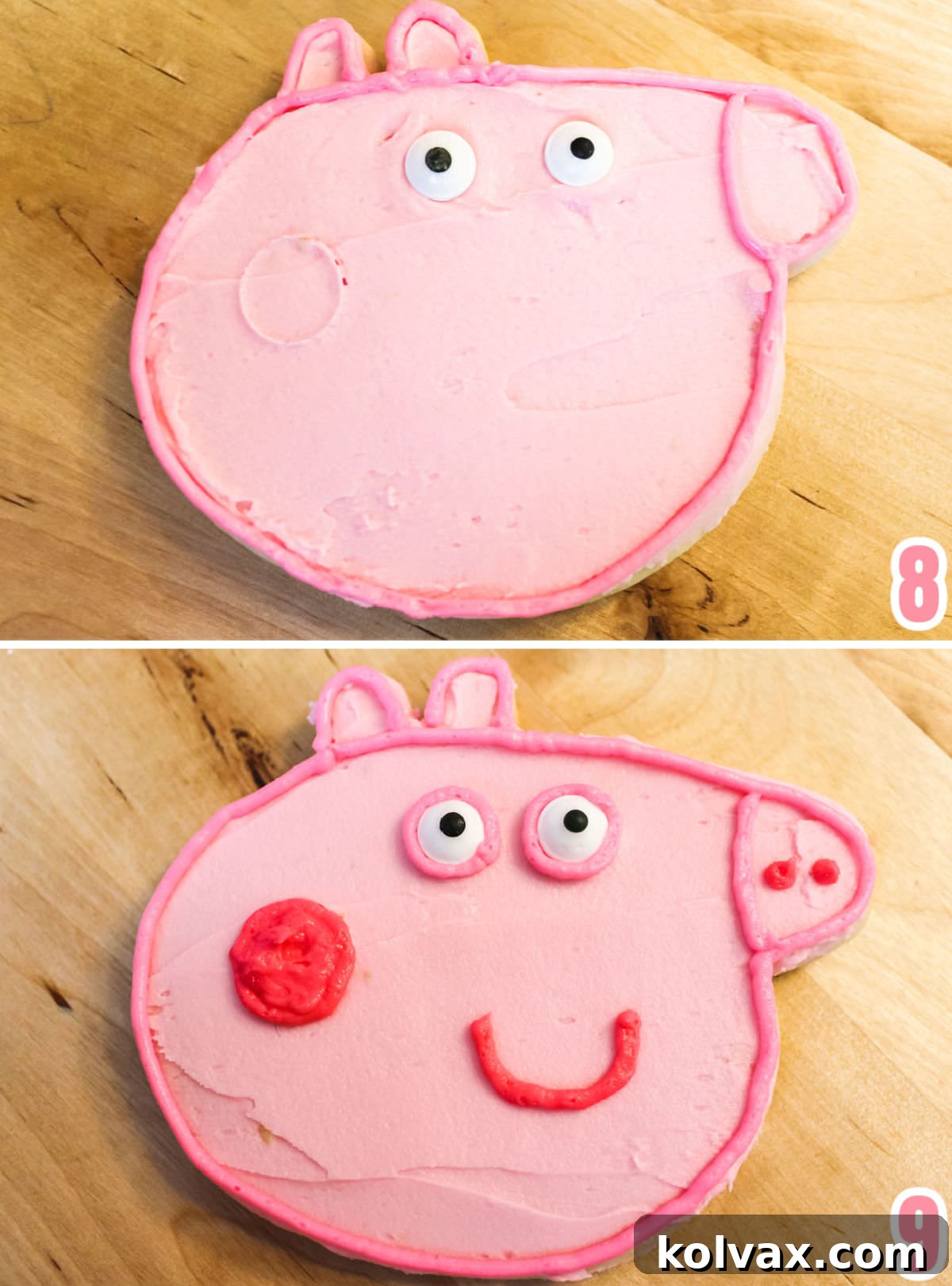 Collage detailing the process of outlining Peppa Pig's face and features with medium pink frosting and adding red details like the mouth and nose.