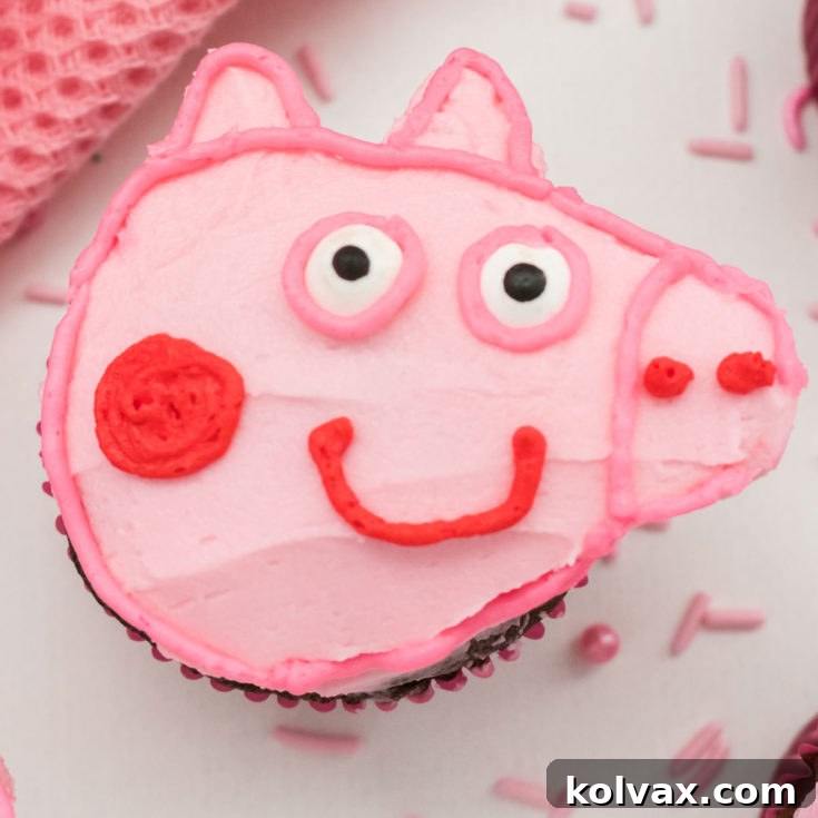 Peppa Pig Cupcakes - finished product, showing three decorated cupcakes