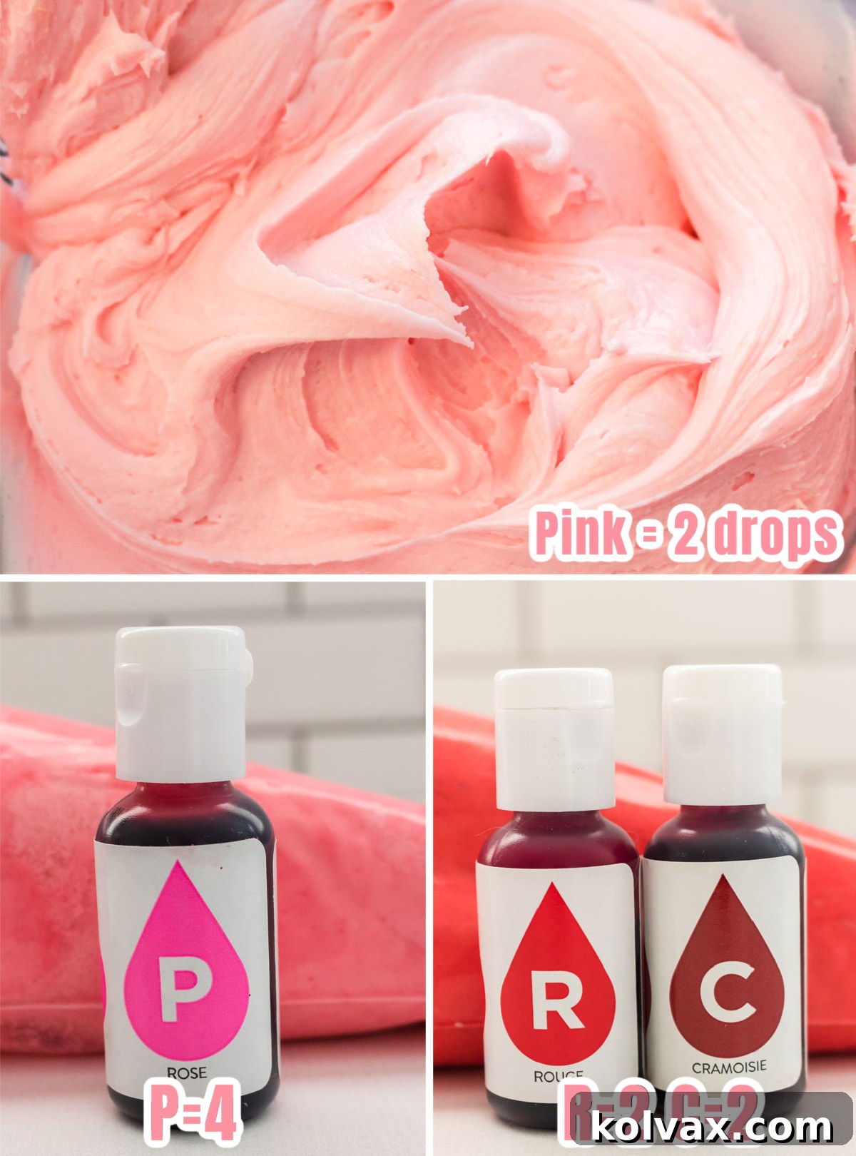 A visual collage illustrating the exact food coloring formulas to achieve the perfect light pink, medium pink, and vibrant red frosting shades, crucial for authentic Peppa Pig Cupcakes.