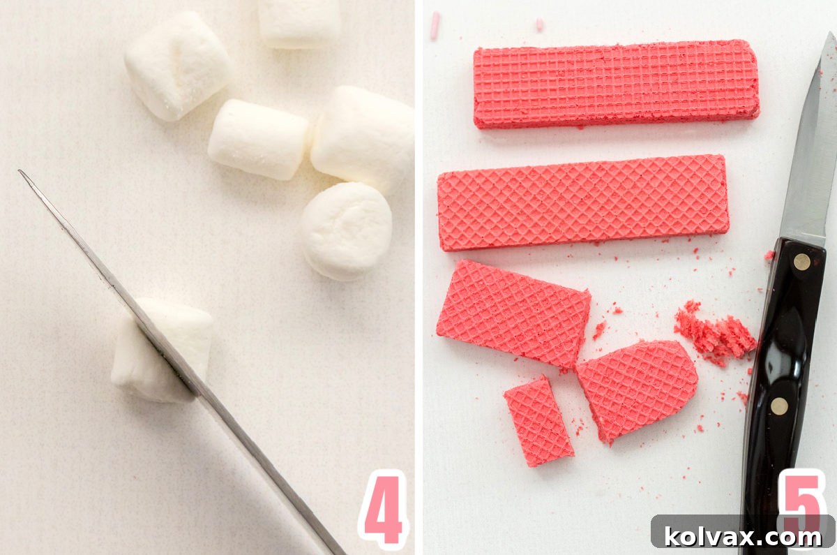 A helpful collage image demonstrating the precise technique for preparing mini marshmallows, cut diagonally for ears, and pink wafer cookies, shaped into rounded snouts, all meticulously arranged for cupcake decoration.