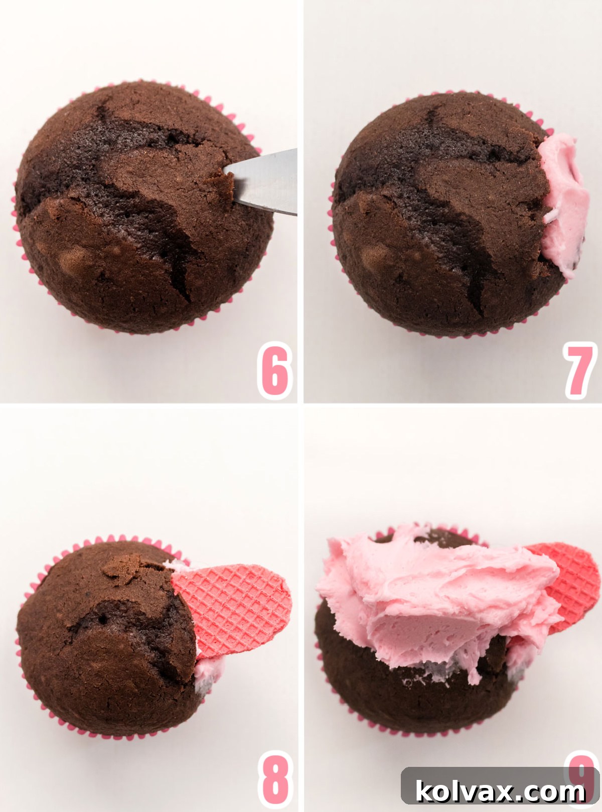 A detailed collage demonstrating the exact sequence for integrating the pink sugar wafer cookie snout into the Peppa Pig Cupcakes, ensuring proper placement and support.