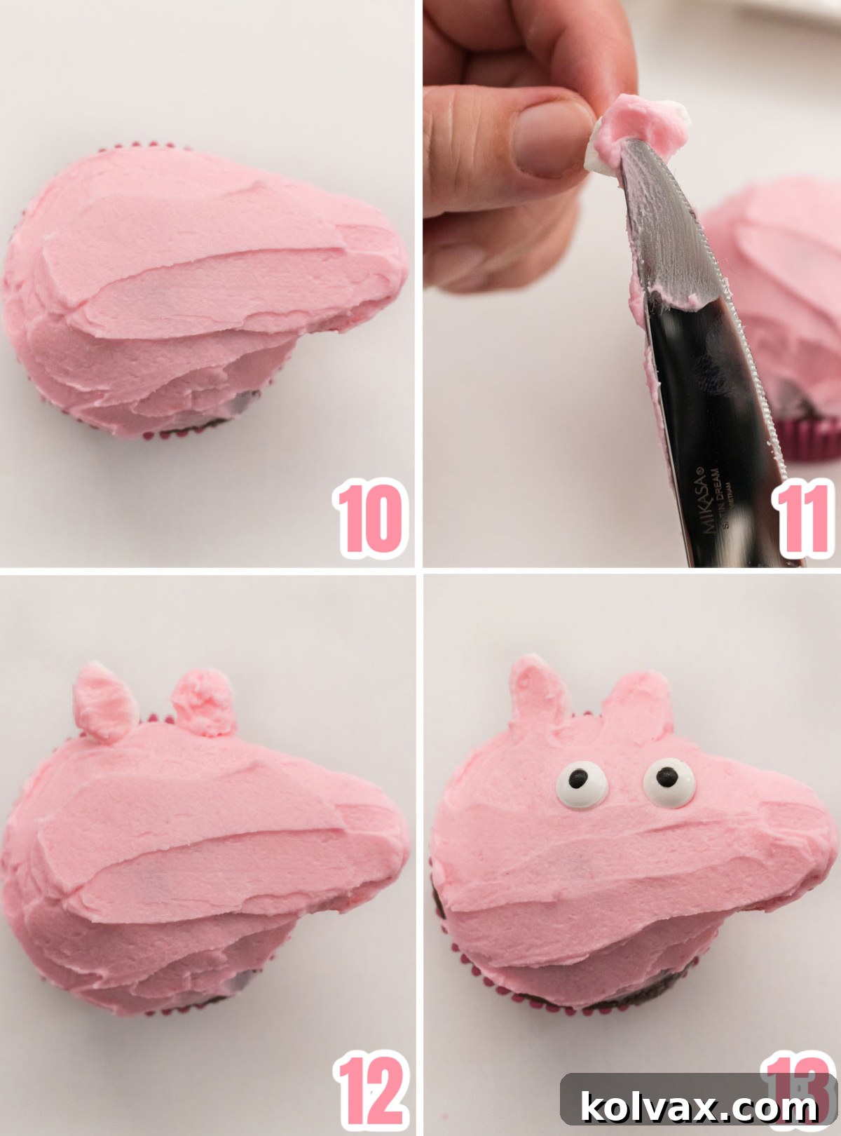 A step-by-step visual guide showing how to smoothly frost the Peppa Pig Cupcakes, then attach the carefully prepared marshmallow ears and the expressive candy eyes to complete the basic face structure.