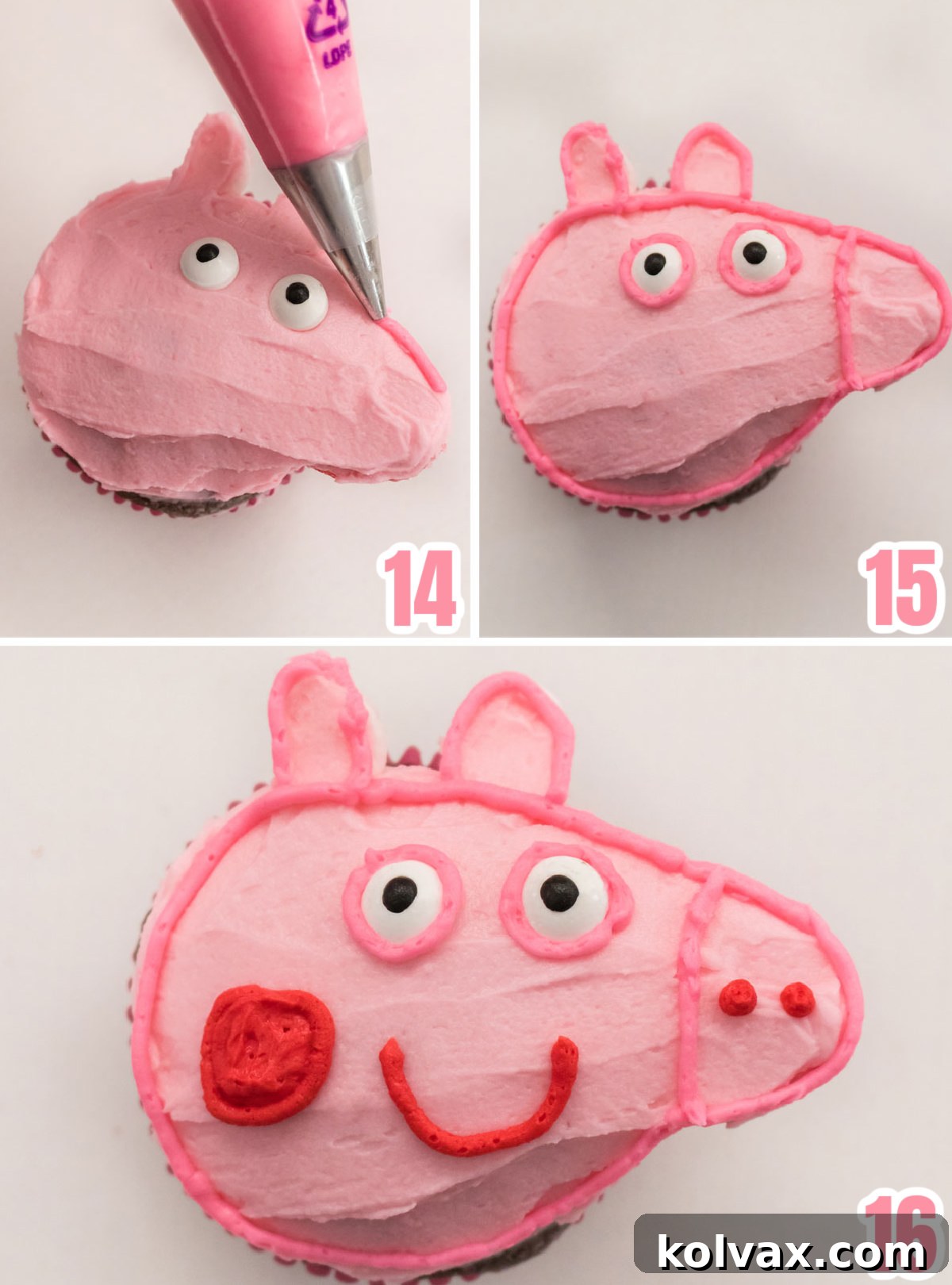 A step-by-step collage demonstrating how to intricately decorate the Peppa Pig face on these adorable cupcakes, from outlining the features with medium pink frosting to adding the final, vibrant red details for her smile, blush, and nostrils.