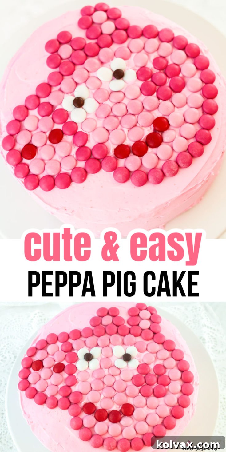 Our Easy Peppa Pig Cake is an adorable birthday cake idea for a Peppa Pig Birthday Party. So cute, so yummy and so easy to make. We have all the directions you'll need right here. Pin this perfectly pink Peppa Pig Dessert idea for later and follow us for more fun Peppa Pig Party Ideas.