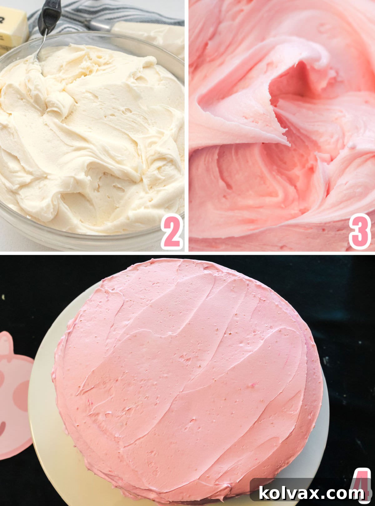 Collage image showing the steps for making buttercream frosting, tinting the frosting pink and frosting the cake.