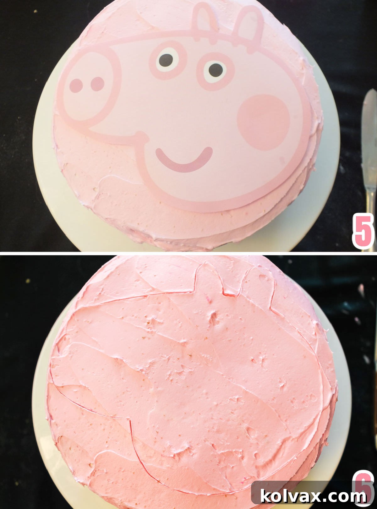 Collage image showing how to use a knife and a print out of Peppa's face to transfer the shape onto the top of the cake.