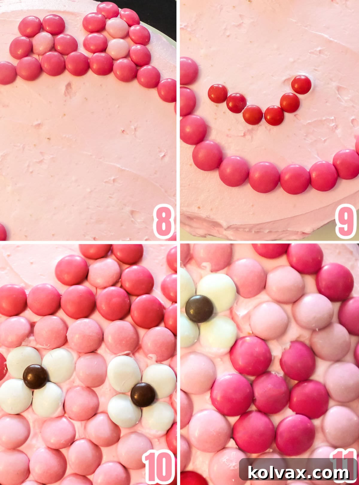 Collage image showing how to recreate detailed sections of the Peppa Pig Cake including ears, mouth, eyes and cheek.