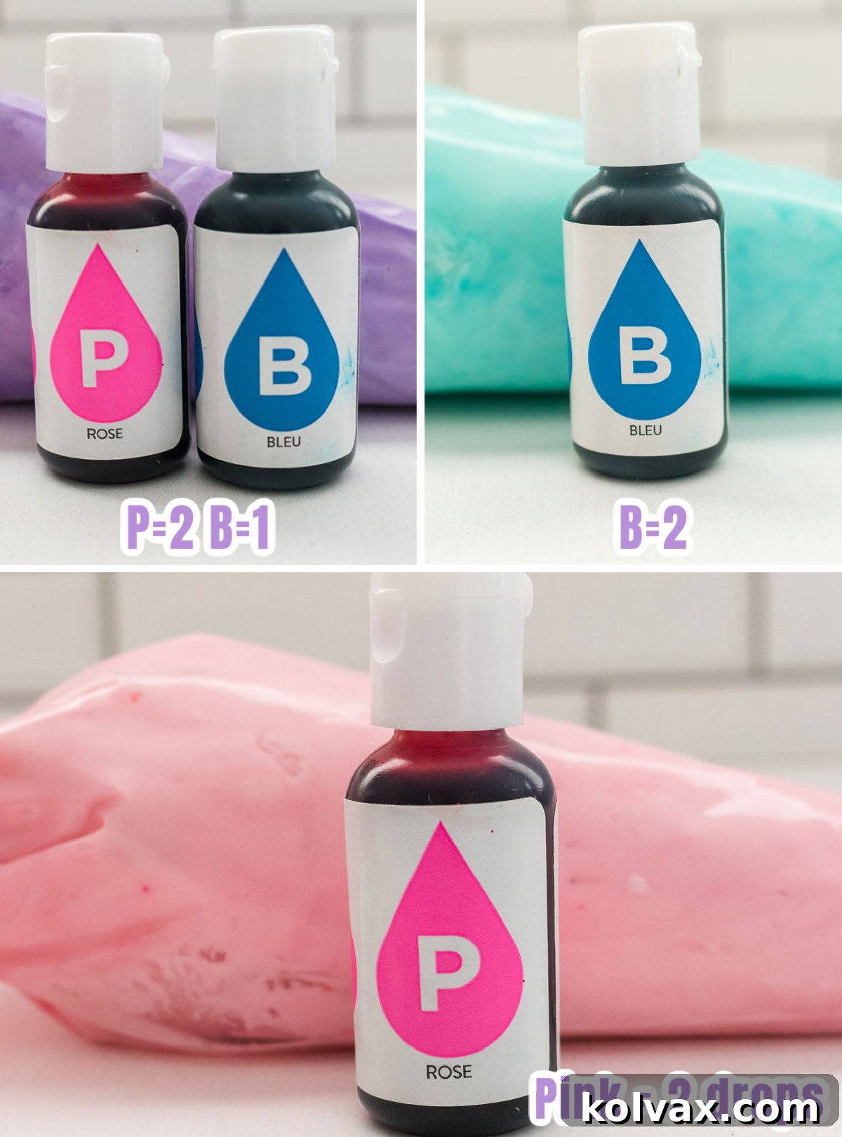 Collage image showing how to make purple, blue and pink buttercream frosting.