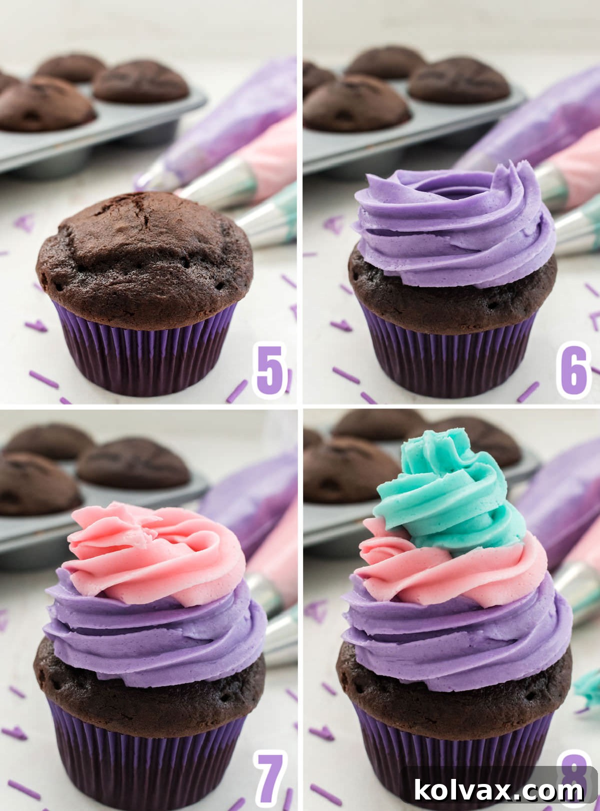 Collage image showing how to make the frosting swirl on the top of the cupcake.